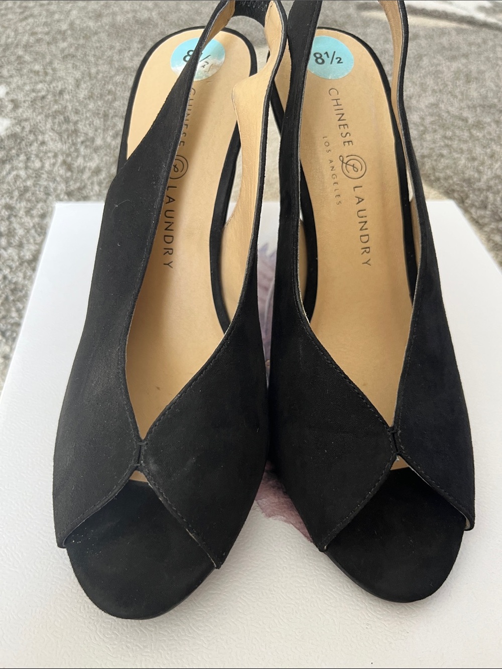 Chinese Laundry Black Suede Peep-Toe Slingback Heels